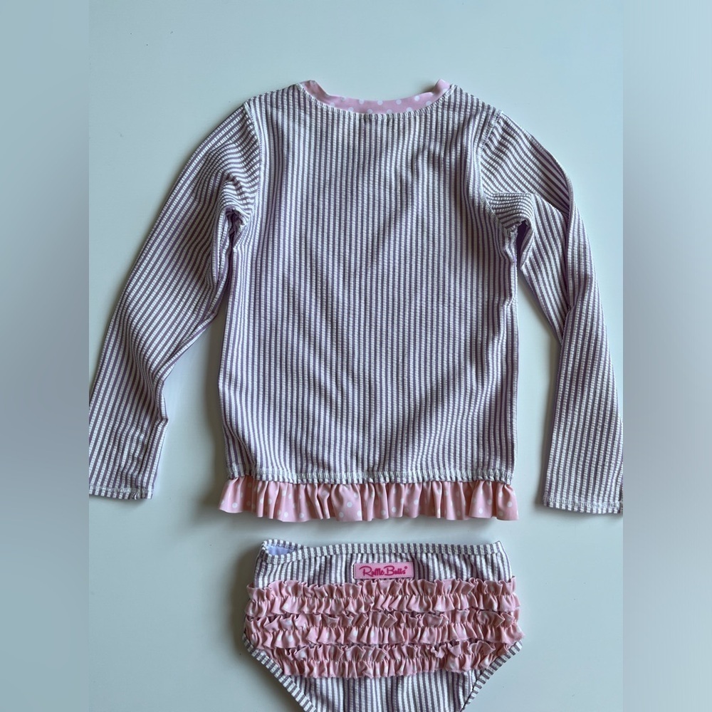 Ruffle Butts Pink and White Rashguard Swim Set - Picture 7 of 9